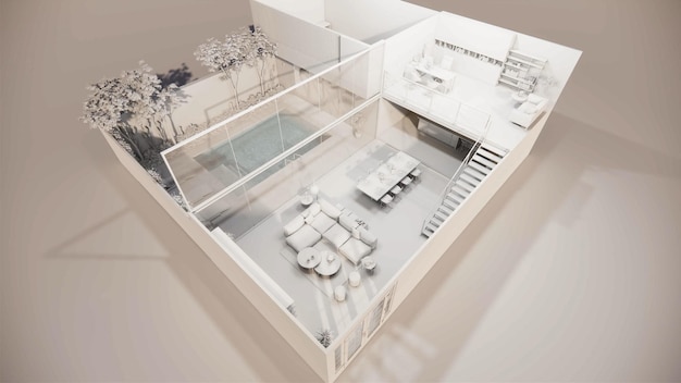 rendering 3d Casa interna moderna spazio abitativo aperto con cucinaLoft style Residence appartamento duplexDecorazione della casa di lusso interior design