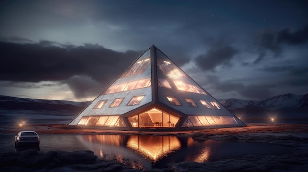 Rendering 3D Casa piramidale futuristica con riscaldamento geotermico Generative AI