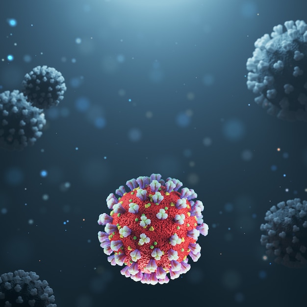 Rendering 3D cellula coronavirus o covid-19. Vista microscopica del virus. Cocept medico.