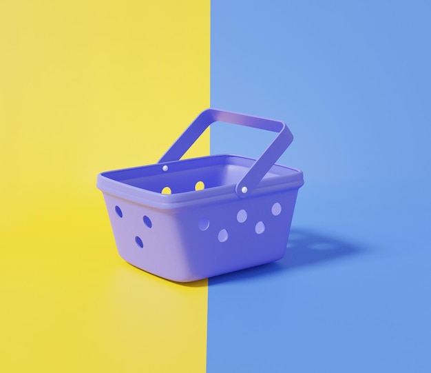 Rendering 3D Cestini per la spesa vuoti acquistare vendita negozio online concetto su sfondo giallo e blu stile sconto minimo promozione vendita banner sito web illustrazione