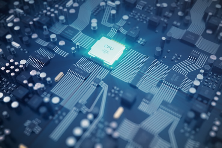 Foto rendering 3d circuito stampato. tecnologia di fondo. concetto di cpu di processori per computer centrale