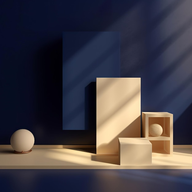 Rendering 3D composizioni astratte scultura minimalista legno e pianta