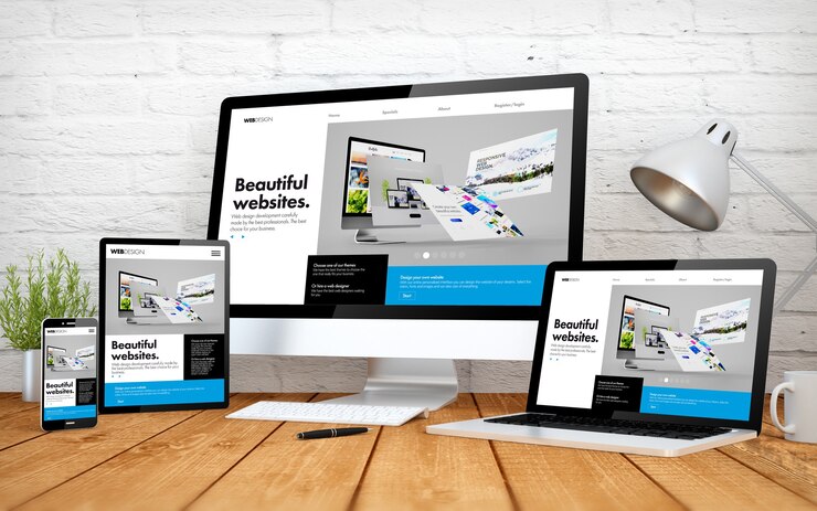 Foto rendering 3d con multidevices con sito web di responsive design del costruttore
