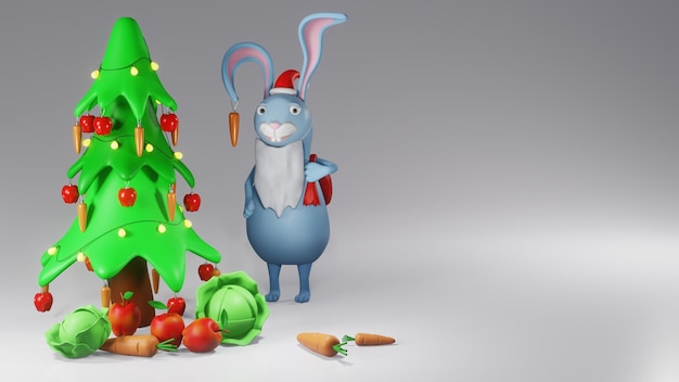 Rendering 3D con regali di un albero di Natale e una lepre carina su uno sfondo bianco Per il nuovo anno