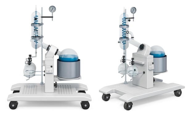 Rendering 3D con vista frontale e laterale dell'evaporatore rotante isolato su sfondo bianco