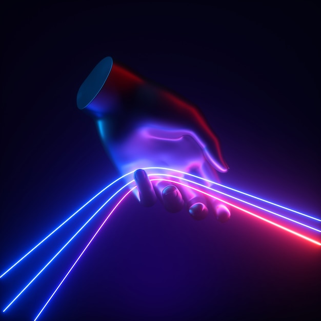 Rendering 3D, concetto astratto blu rosso luce al neon, mano artificiale tiene linee luminose.