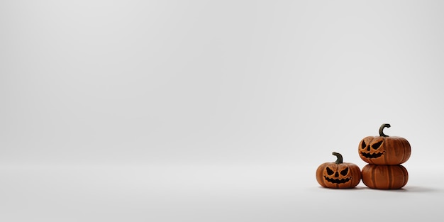 rendering 3D concetto di halloween con tre zucche su sfondo bianco rendering 3D sfondo di Halloween