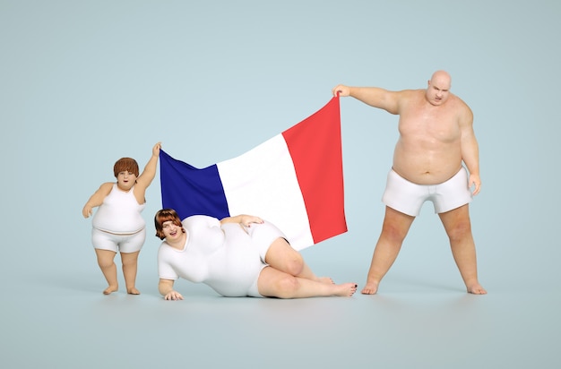 Rendering 3D Concetto di obesità in Francia - famiglia grassa con bandiera