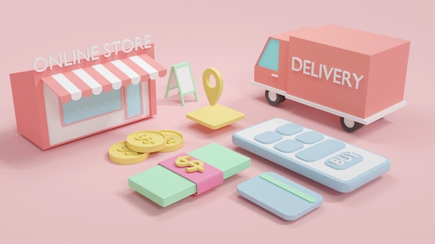 Rendering 3D concetto di shopping online telefono negozio online denaro fattura contanti carta di credito consegna camion