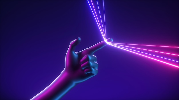 Rendering 3D, concetto futuristico astratto, mano artificiale tira linee incandescenti al neon rosa blu.