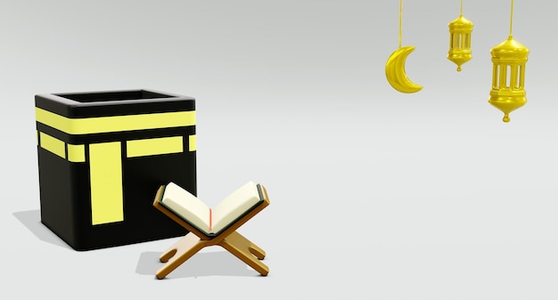 Rendering 3D Corano islamico e Kaaba e Lanterna dorata in cima isolata con sfondo bianco