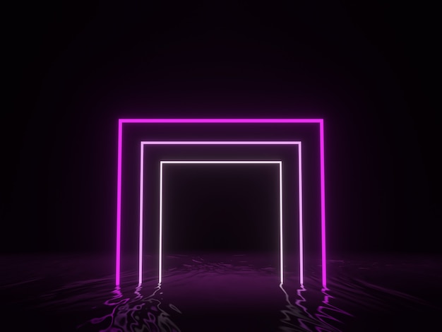 Rendering 3D. Cornice geometrica viola con luce al neon.