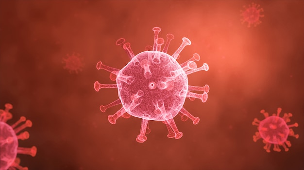 Rendering 3D Coronavirus sotto analisi al microscopio