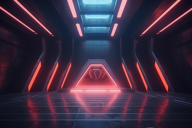 rendering 3d Corridoio futuristico con luci al neon luminose Interni Scifi