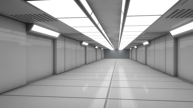 Rendering 3D Corridoio interno vuoto futuristico