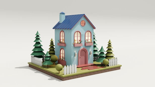 Rendering 3D Cute eco house Casa moderna cartone animato con finestre e porte Concetto di immobile