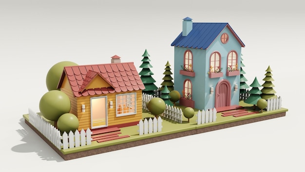 Rendering 3D Cute eco house Casa moderna cartone animato con finestre e porte Concetto di immobile