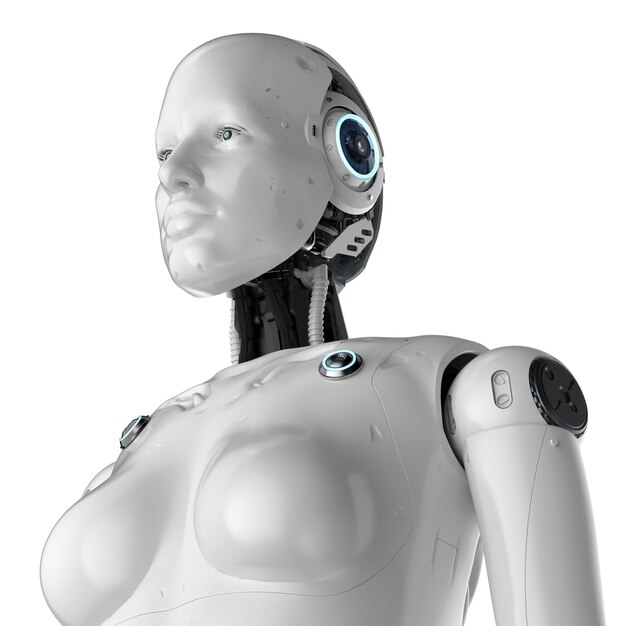Rendering 3D cyborg femmina o robot isolato su bianco