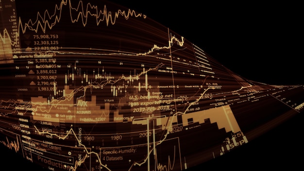 Rendering 3D degli indici azionari nello spazio virtuale Recessione della crescita economica
