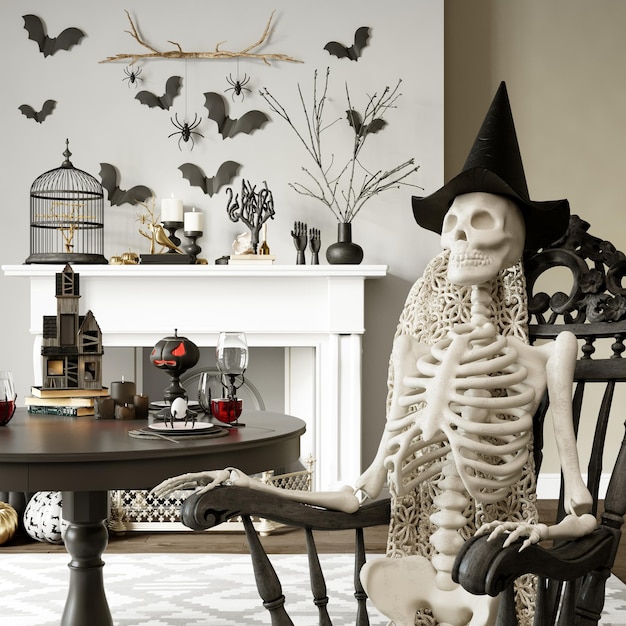 Rendering 3d degli interni del moderno soggiorno di Halloween