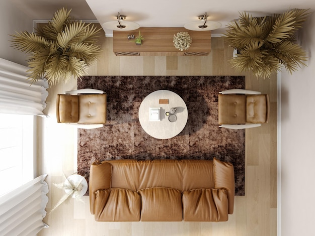 Rendering 3D degli interni minimalisti del soggiorno moderno con vista dall'alto