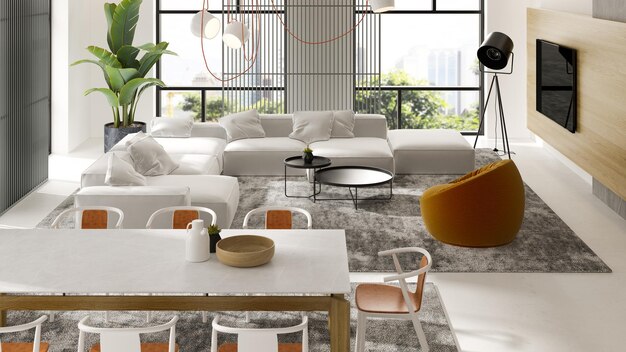 Rendering 3D degli interni minimalisti del soggiorno moderno