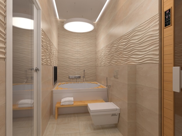 Rendering 3D del bagno nei toni del beige