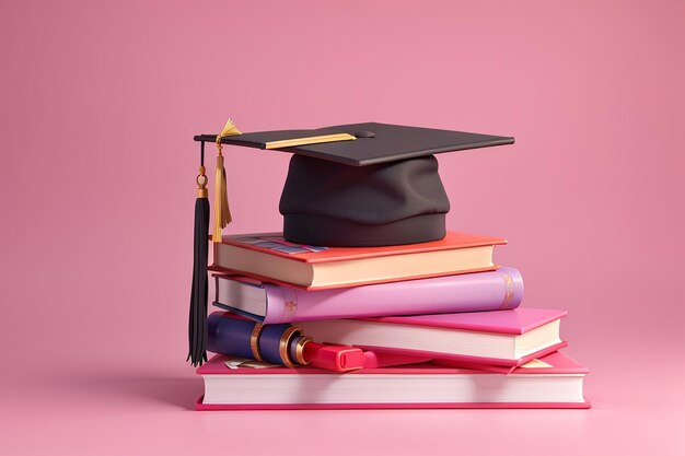 Rendering 3D del berretto di laurea e dei libri su sfondo rosa