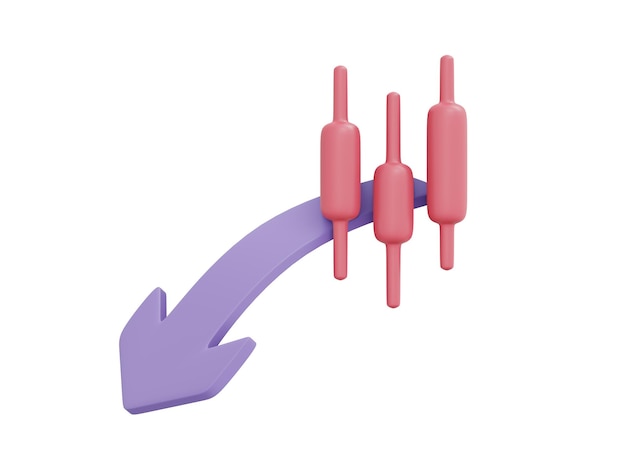 Rendering 3D del candeliere in rosso e freccia rivolta verso il basso icona concetto di mercato azionario di investimento isolato su sfondo bianco Rendering 3D illustrazione stile cartone animato