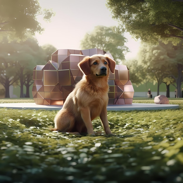 Rendering 3D del cane in un parco