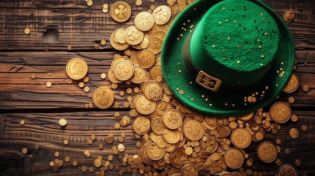 Rendering 3D del cappello di feltro verde a tema di San Patrizio su un mucchio di monete d'oro