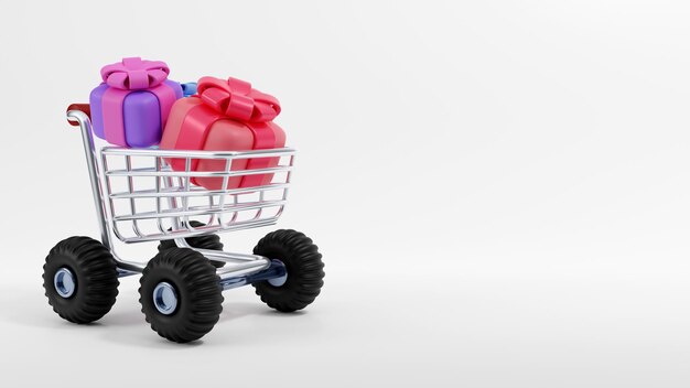 Rendering 3D del carrello Super con confezioni regalo su sfondo bianco Mega simbolo di vendita