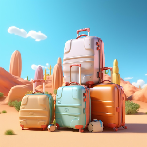 Rendering 3D del cartone animato vacanze bagagli