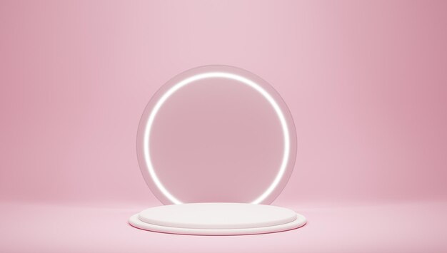 Rendering 3D del cerchio sul piedistallo in colore rosa monocromatico spazio vuoto per testo o oggetto