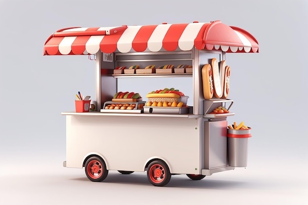 Rendering 3d del cibo da asporto di strada del venditore di hot dog isolato su sfondo bianco illustrazione del rendering 3d