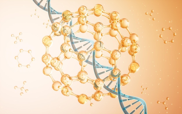 Rendering 3d del concetto di biotecnologia della struttura molecolare e del DNA