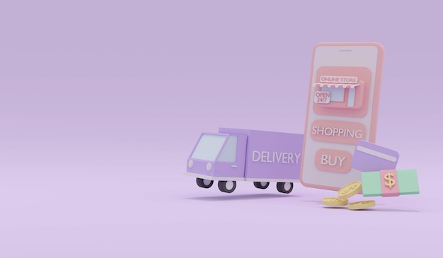 Rendering 3D del concetto di denaro e carta di credito del camion di consegna dello smartphone del commercio elettronico di acquisti di marketing online in tema pastello. illustrazione di rendering 3D.
