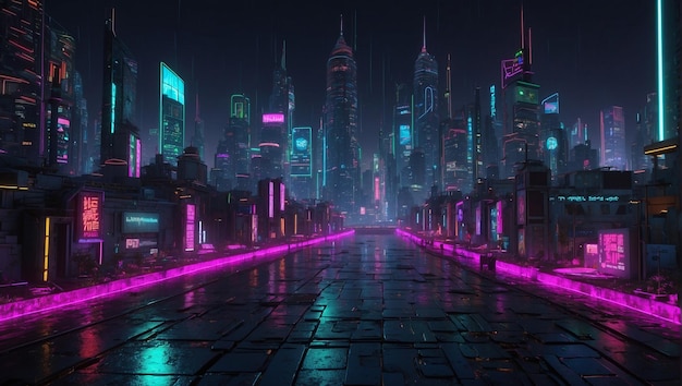 Rendering 3D del concetto di paesaggio cittadino notturno di cyberpunk