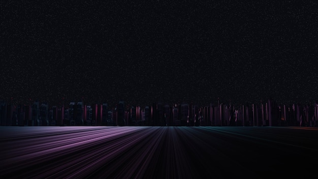 Rendering 3d del concetto di paesaggio urbano notturno Cyber Luce che si illumina su una scena oscura Vita notturna Rete tecnologica per 5g Oltre la generazione e il futuristico di SciFi Capitale e scena dell'edificio