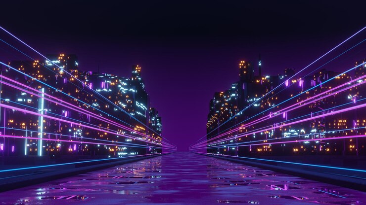Rendering 3d del concetto di paesaggio urbano notturno Cyber punk Luce che si illumina su una scena oscura Vita notturna Rete tecnologica per 5g Oltre la generazione e il futuristico di SciFi Capitale e scena dell'edificio