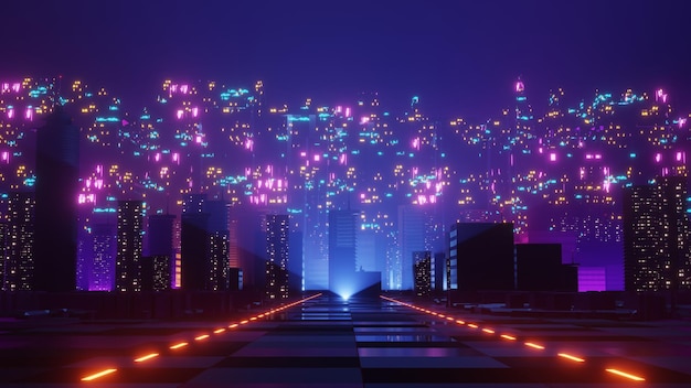 Rendering 3d del concetto di paesaggio urbano notturno Cyber punk Luce che si illumina su una scena oscura Vita notturna Rete tecnologica per 5g Oltre la generazione e il futuristico di SciFi Capitale e scena dell'edificio