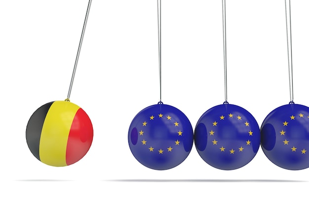 Rendering 3D del concetto di relazione politica delle bandiere europee e del Belgio