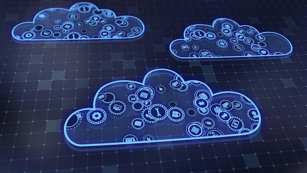 Rendering 3D del concetto di tecnologie cloud e elaborazione dei dati del server