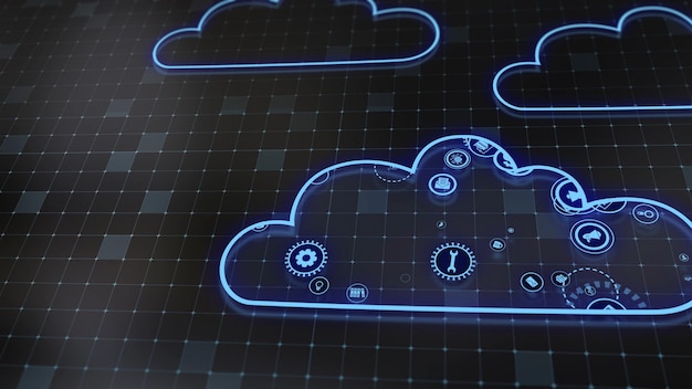 Rendering 3D del concetto di tecnologie cloud e elaborazione dei dati del server