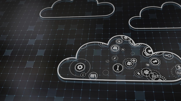 Rendering 3D del concetto di tecnologie cloud e elaborazione dei dati del server