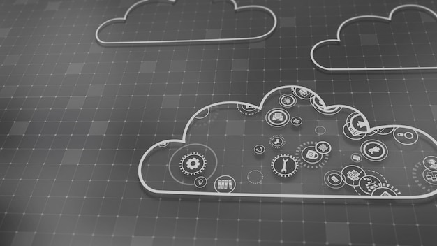 Rendering 3D del concetto di tecnologie cloud e elaborazione dei dati del server