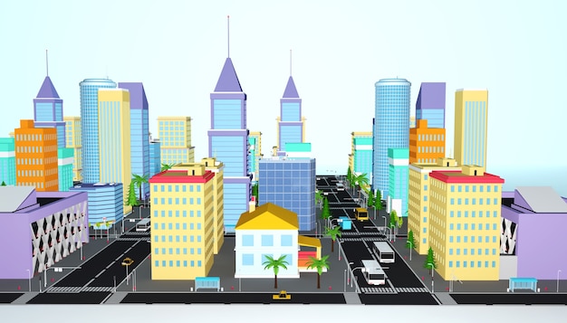 Rendering 3D del concetto di torre isometrica della città di affari