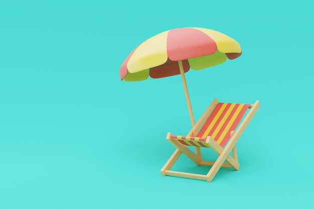 Rendering 3d del concetto di vacanza estiva con sedia a sdraio e ombrelloneelementi estivistile minimale3d rendering