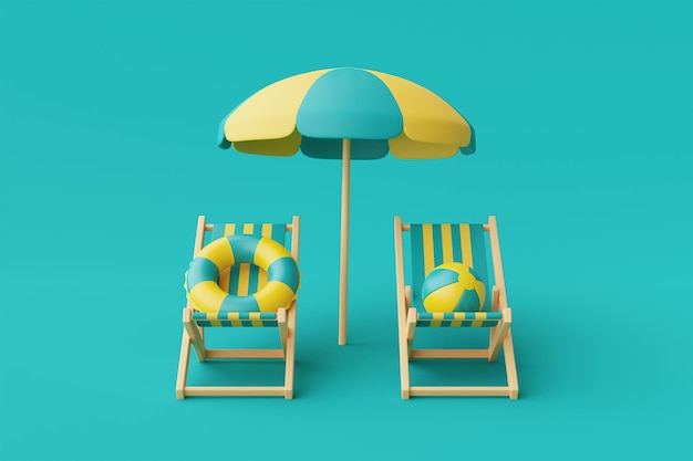 Rendering 3d del concetto di vacanza estiva con sedia da spiaggiaombrellone ed elementi estivi isolati su sfondo blurendering 3d in stile minimale