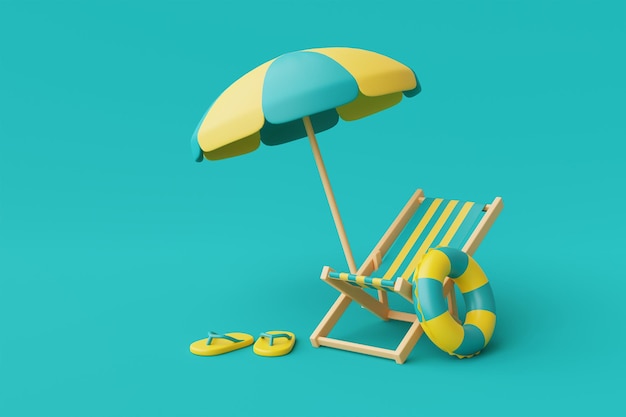 Rendering 3d del concetto di vacanza estiva con sedia da spiaggiaombrellone ed elementi estivi isolati su sfondo blurendering 3d in stile minimale